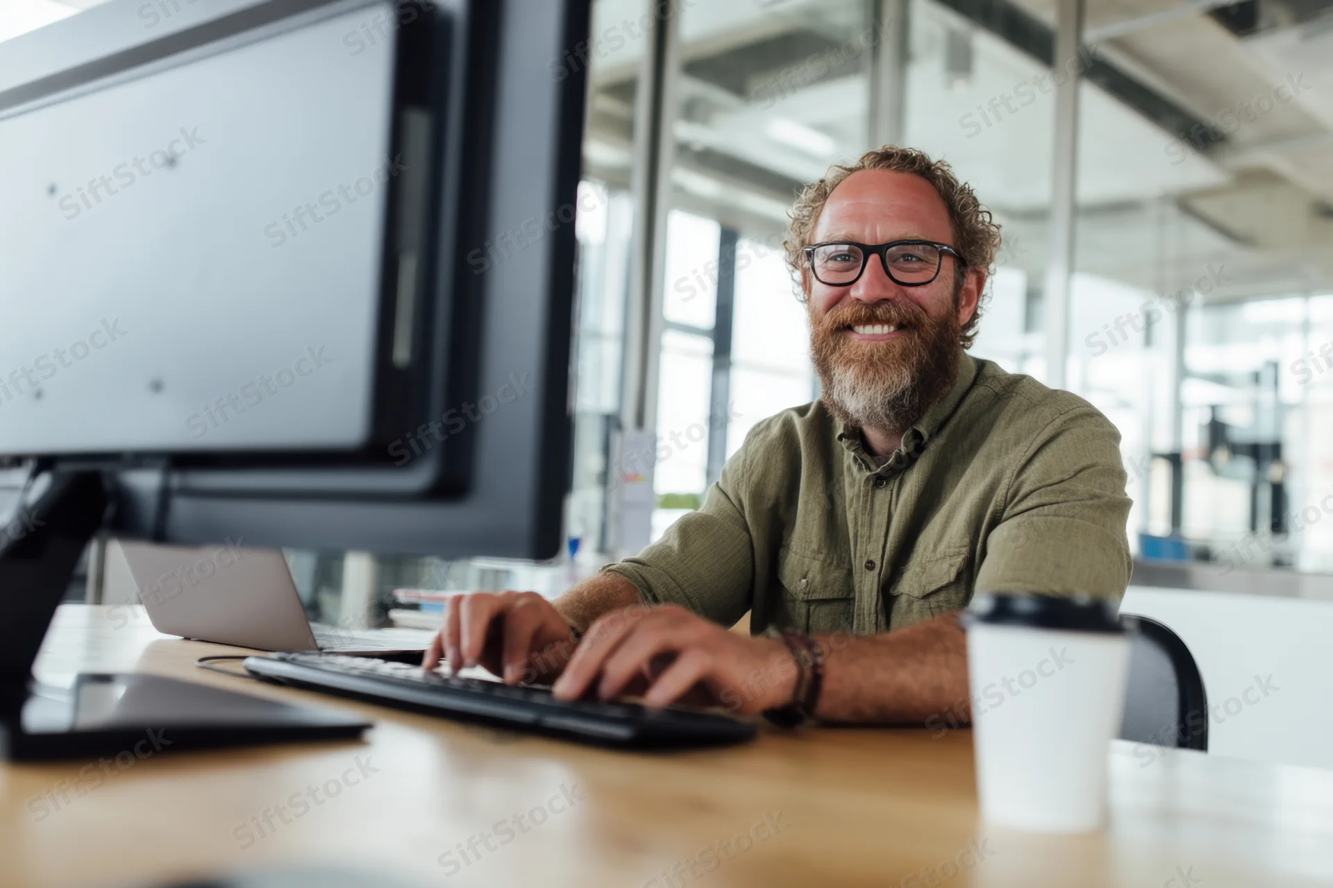 Smiling bearded man with glasses typing on keyboard at wooden desk in office workspace