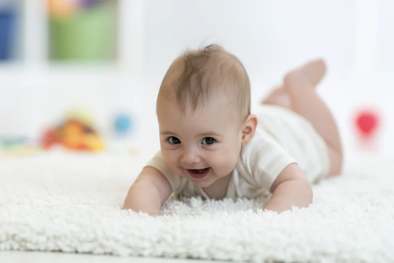 Baby crawling on white fluffy rug smiling in bright indoor setting
