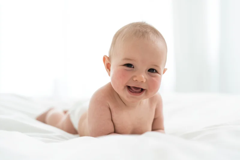 Happy baby lying on stomach on white bed smiling broadly