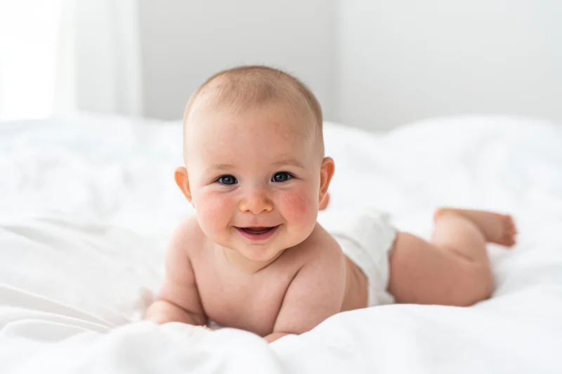 Baby lying on white bed propped on elbows smiling