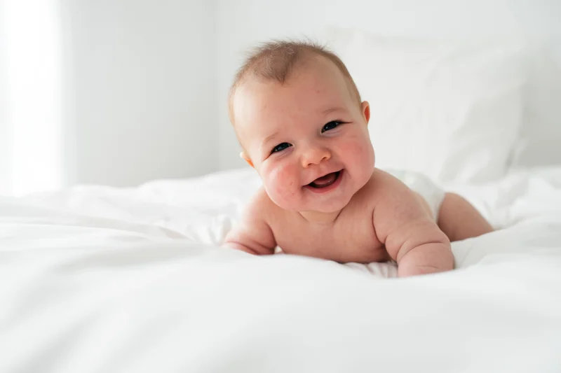 Baby lying on white bed propped on elbows smiling broadly