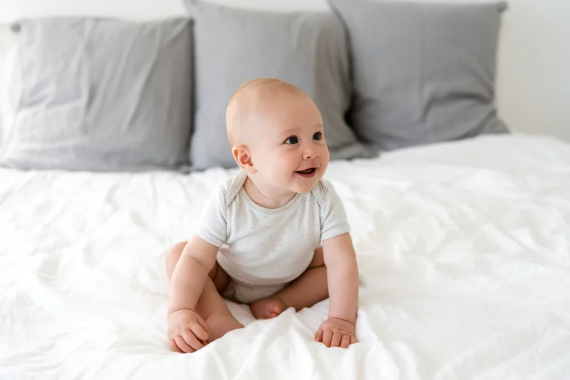 Happy baby sitting on white bed with gray pillows smiling