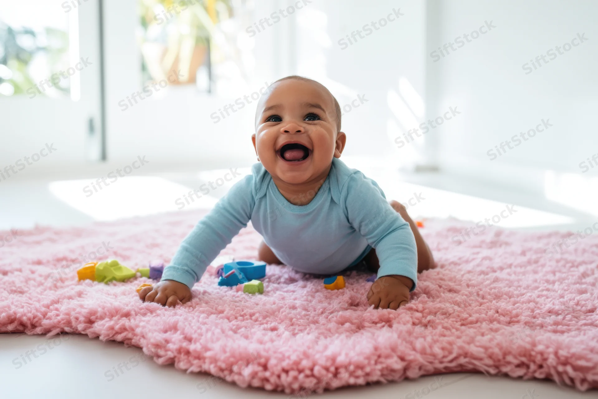 Baby laughing while crawling on a fluffy pink rug indoors