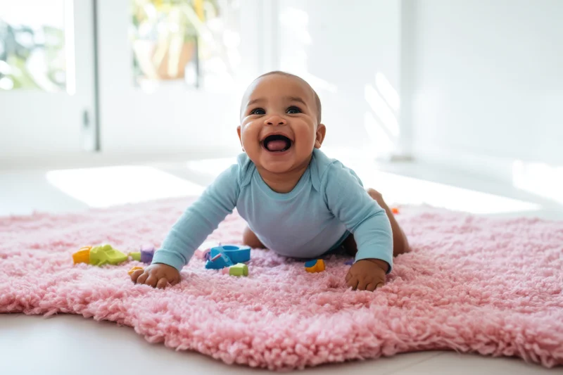Baby laughing while crawling on a fluffy pink rug indoors