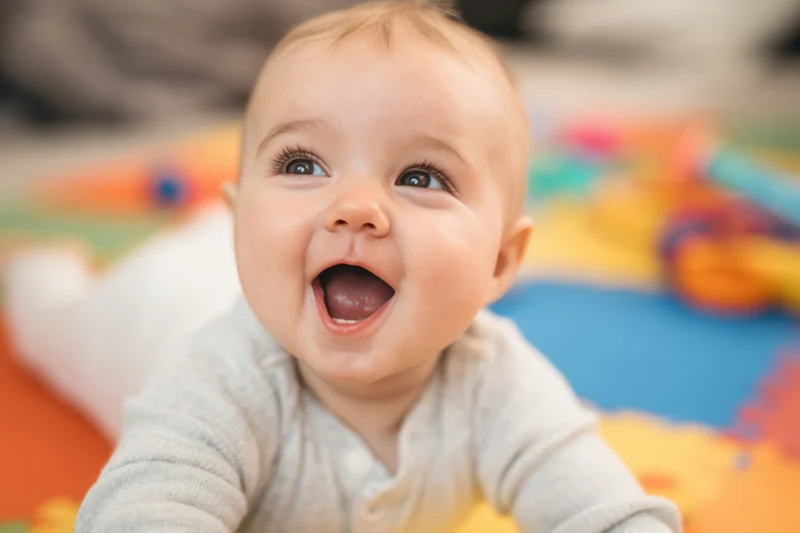 Baby lying on stomach on colorful foam mat smiling widely