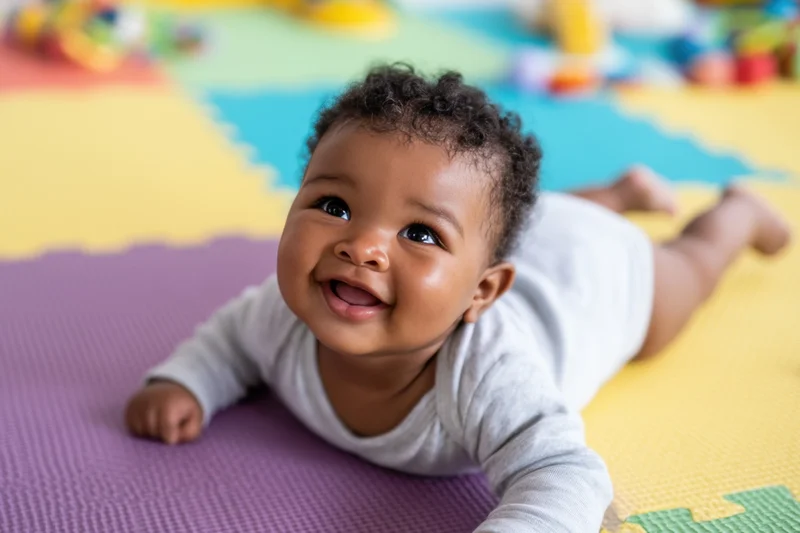 Smiling baby lying on stomach on colorful foam play mat