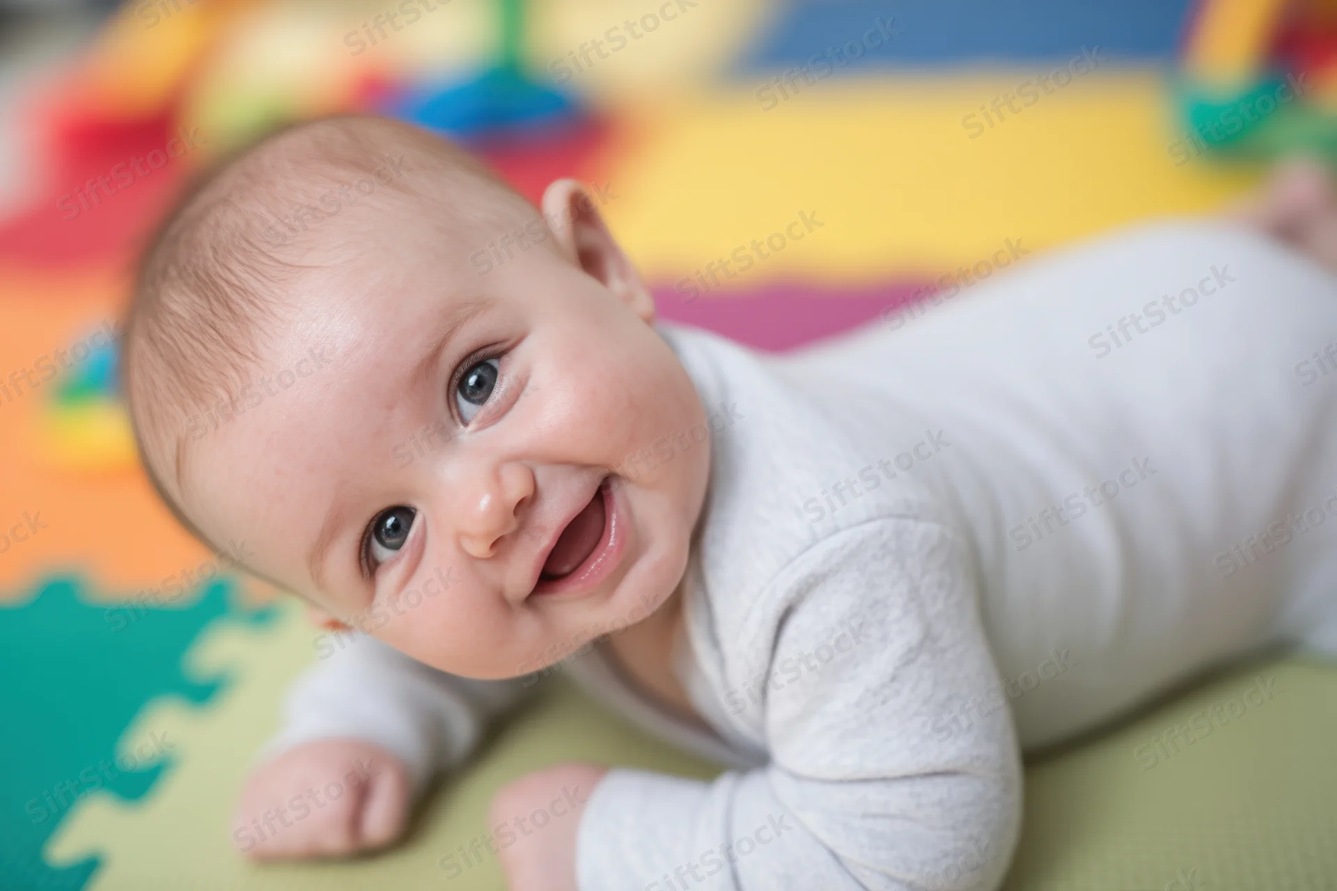 Baby lying on stomach on colorful foam mat smiling