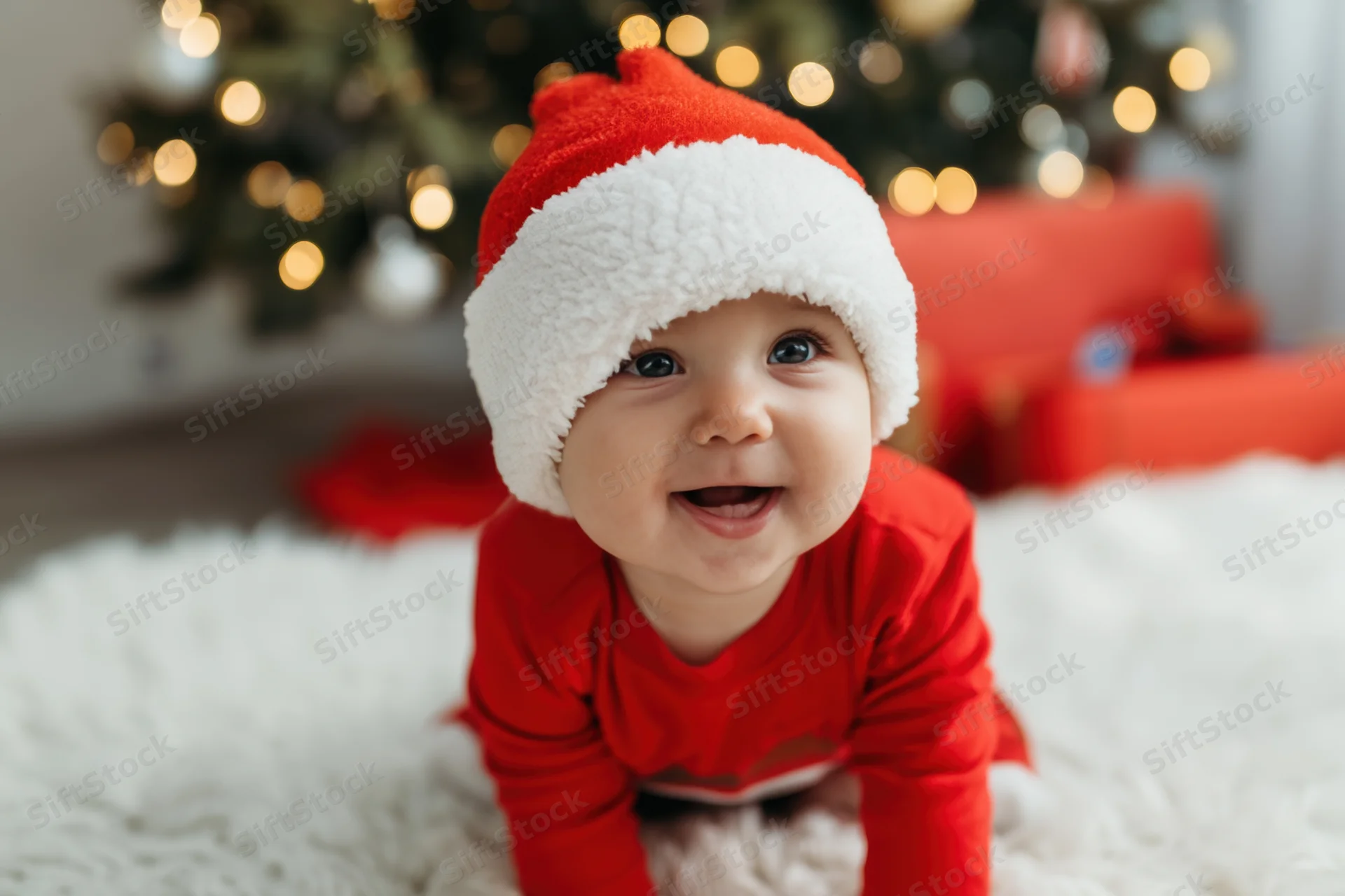 Baby crawling on white rug wearing red santa hat and matching outfit near decorated christmas tree with lights and gifts in background