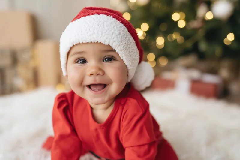 Baby wearing red santa hat smiling on white rug near christmas tree with lights and gifts in background