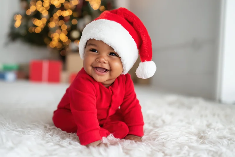 Baby wearing red santa hat and matching outfit laughing on white carpet near decorated christmas tree