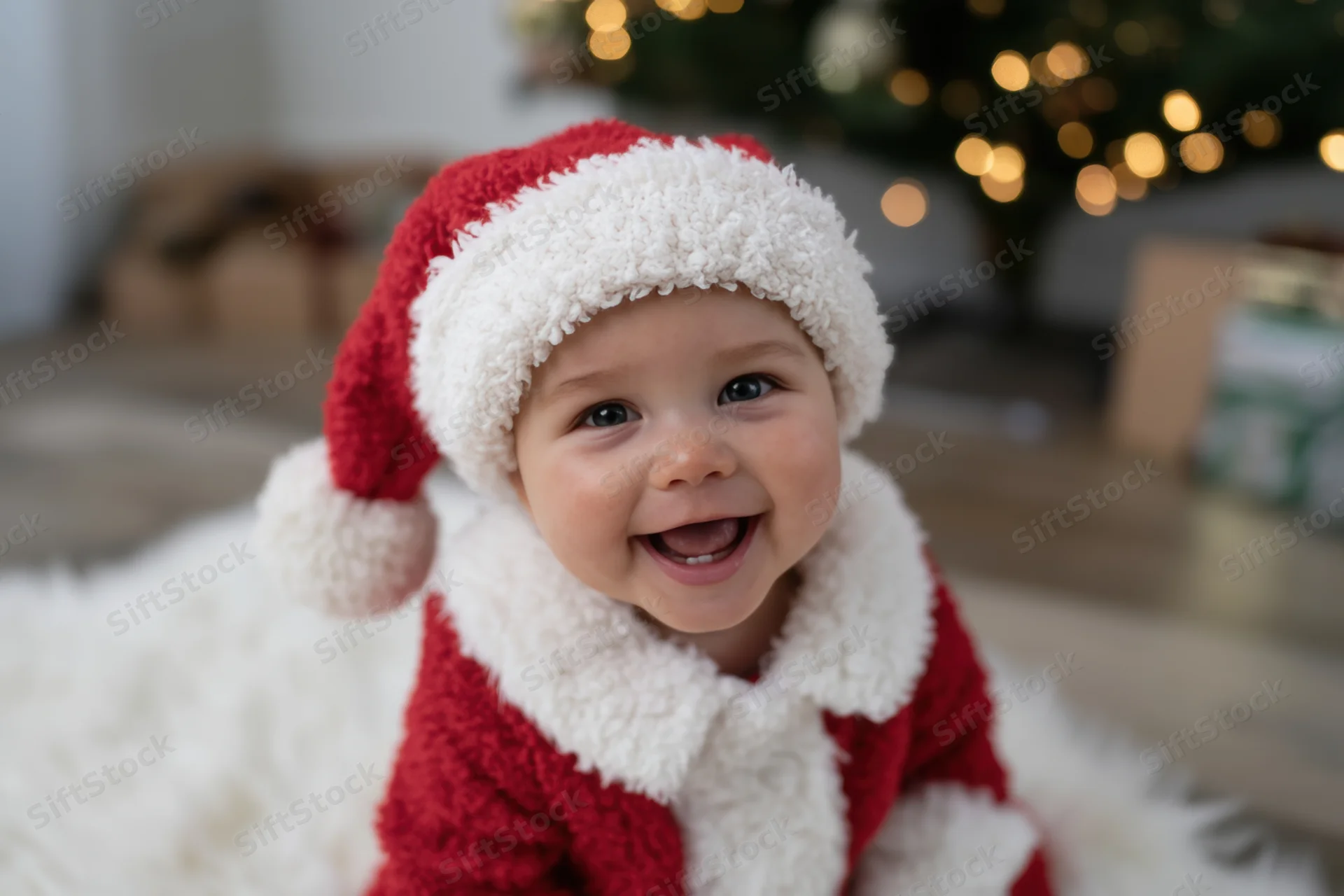 Baby wearing red santa hat and matching outfit smiling on white rug with christmas tree in background