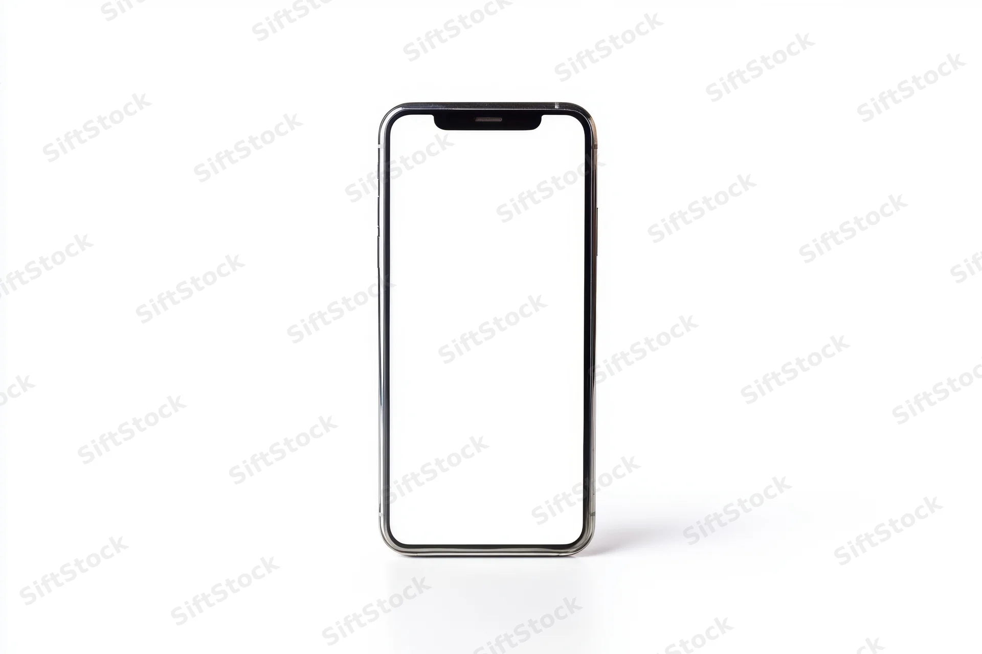 Modern smartphone with blank white screen standing upright on white surface