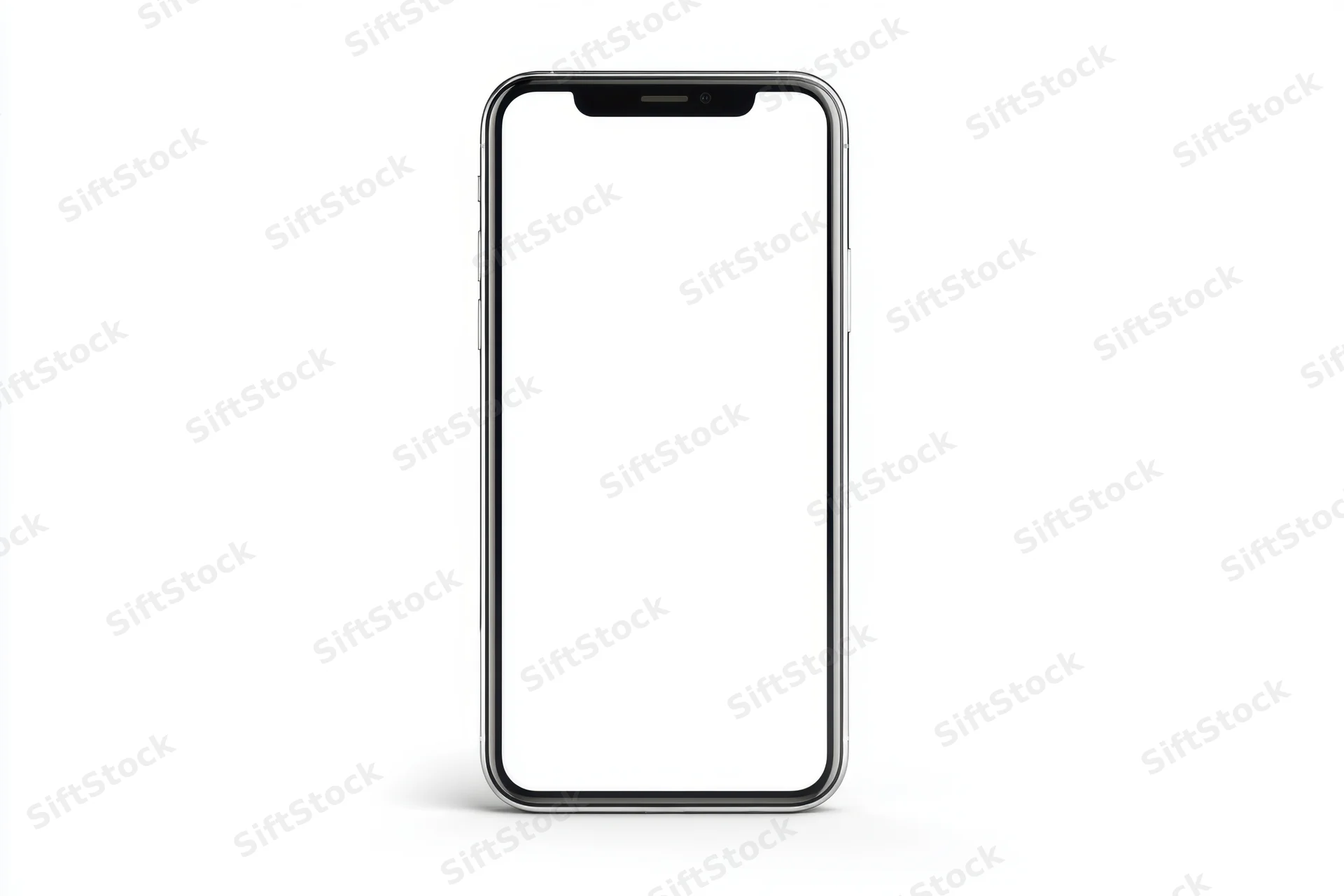 Modern smartphone with blank white screen and notch in portrait orientation isolated on white background