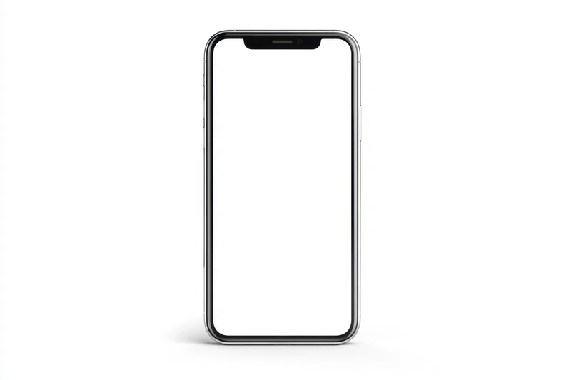 Modern smartphone with blank white screen and notch in portrait orientation isolated on white background