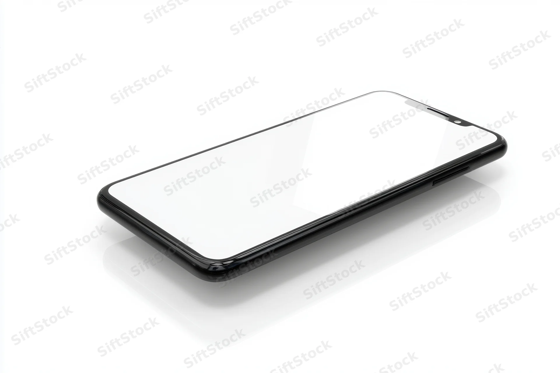Modern smartphone with black frame and white screen lying flat on white background