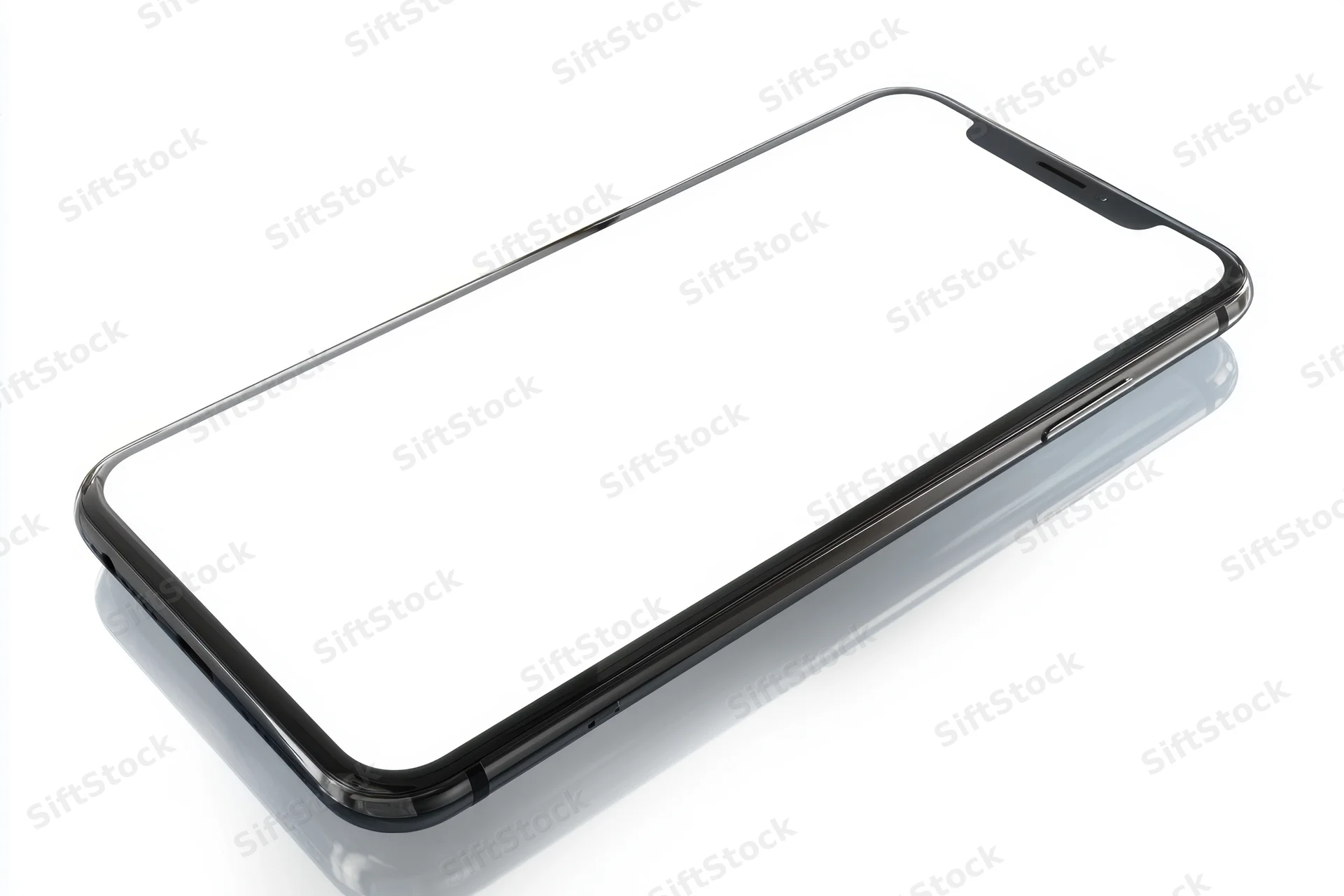 Modern smartphone with black frame and white screen lying on reflective surface