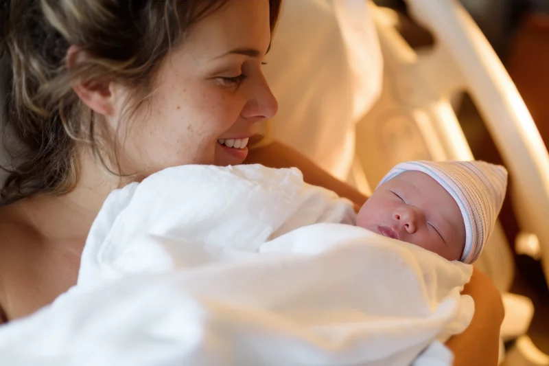 Newborn baby sleeping on mother's chest in hospital bed, wrapped in white blanket, mother smiling down at infant