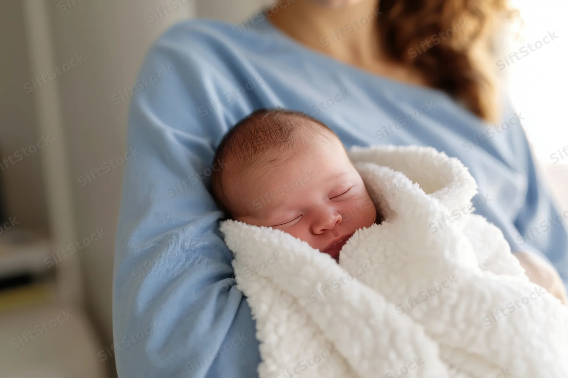 Newborn baby sleeping peacefully wrapped in a fluffy white blanket held by a woman