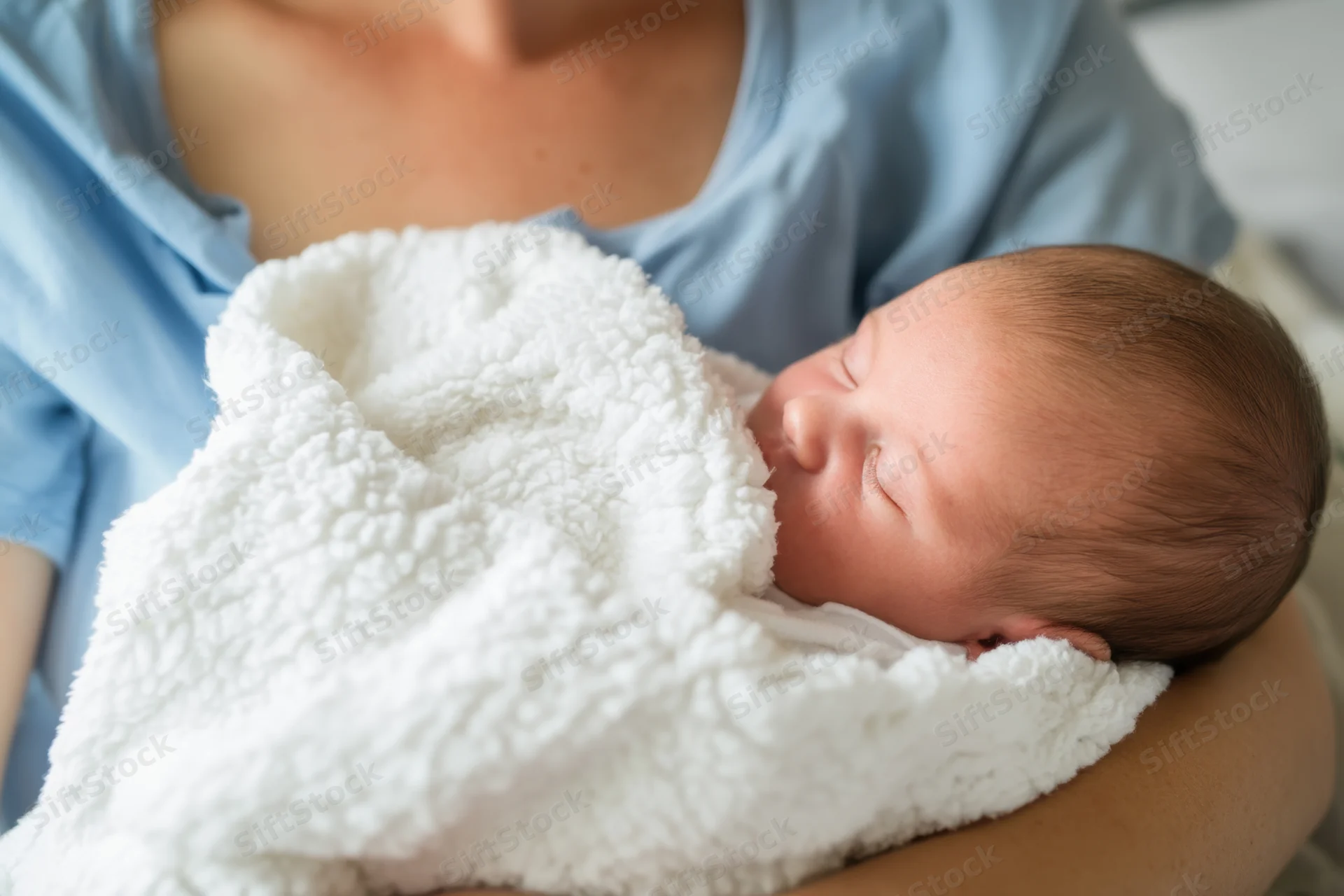 Newborn baby sleeping swaddled in white fluffy blanket held by mother in arms