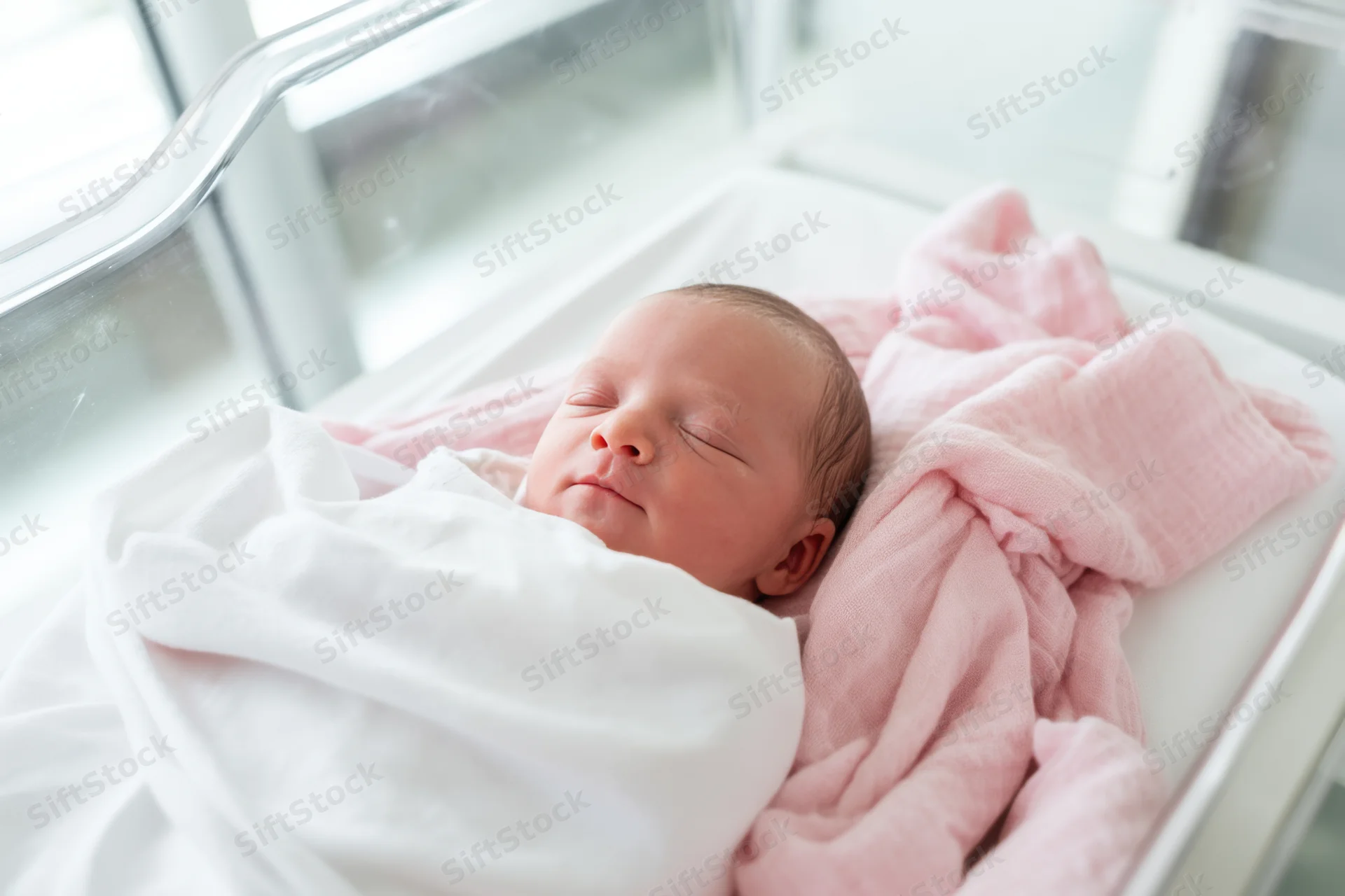 Newborn baby sleeping peacefully in hospital bassinet wrapped in white blanket with pink blanket beside