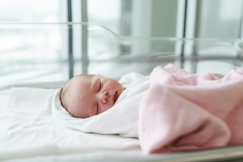 Newborn baby sleeping peacefully in hospital bassinet wrapped in white and pink blankets