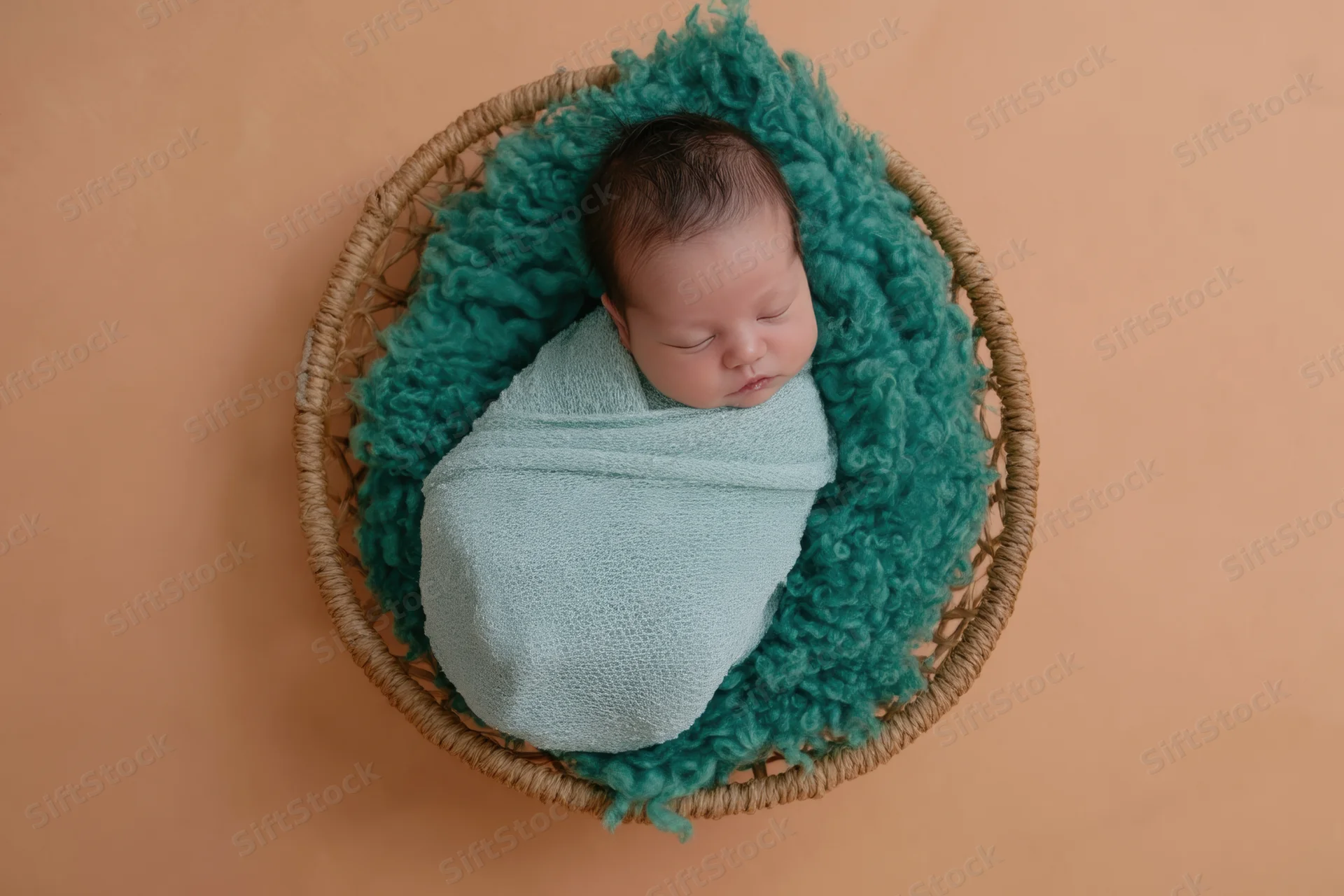 Newborn baby swaddled in pale blue wrap sleeping in wicker basket with teal fluffy blanket on peach background