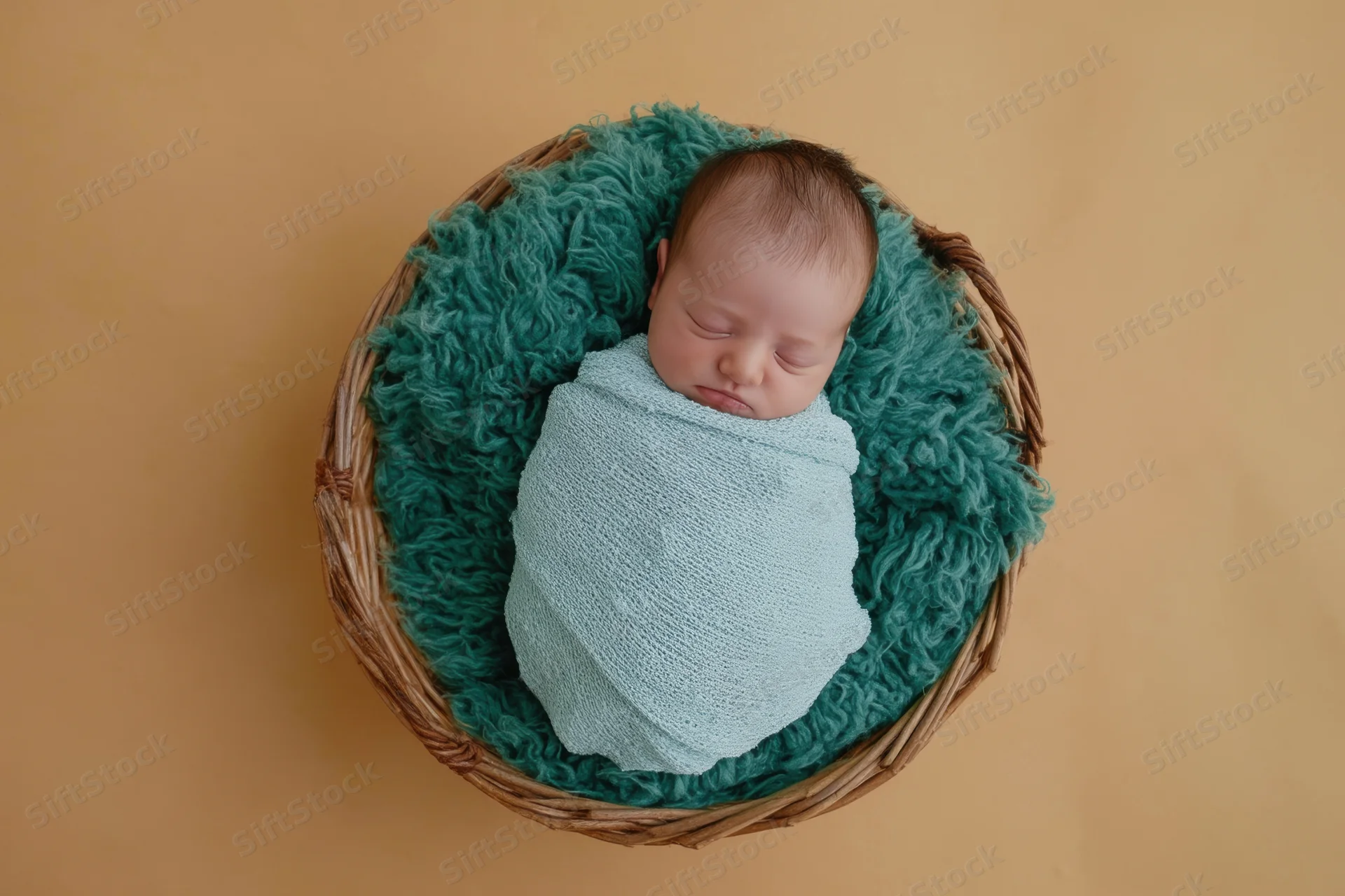 Newborn baby swaddled in pale blue wrap sleeping in wicker basket on beige background