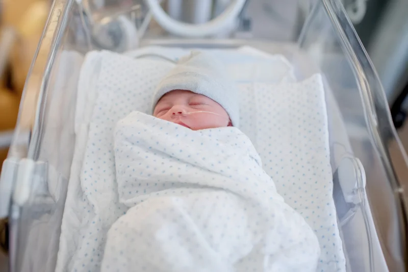 Newborn baby swaddled in white blanket with blue dots sleeping in hospital incubator
