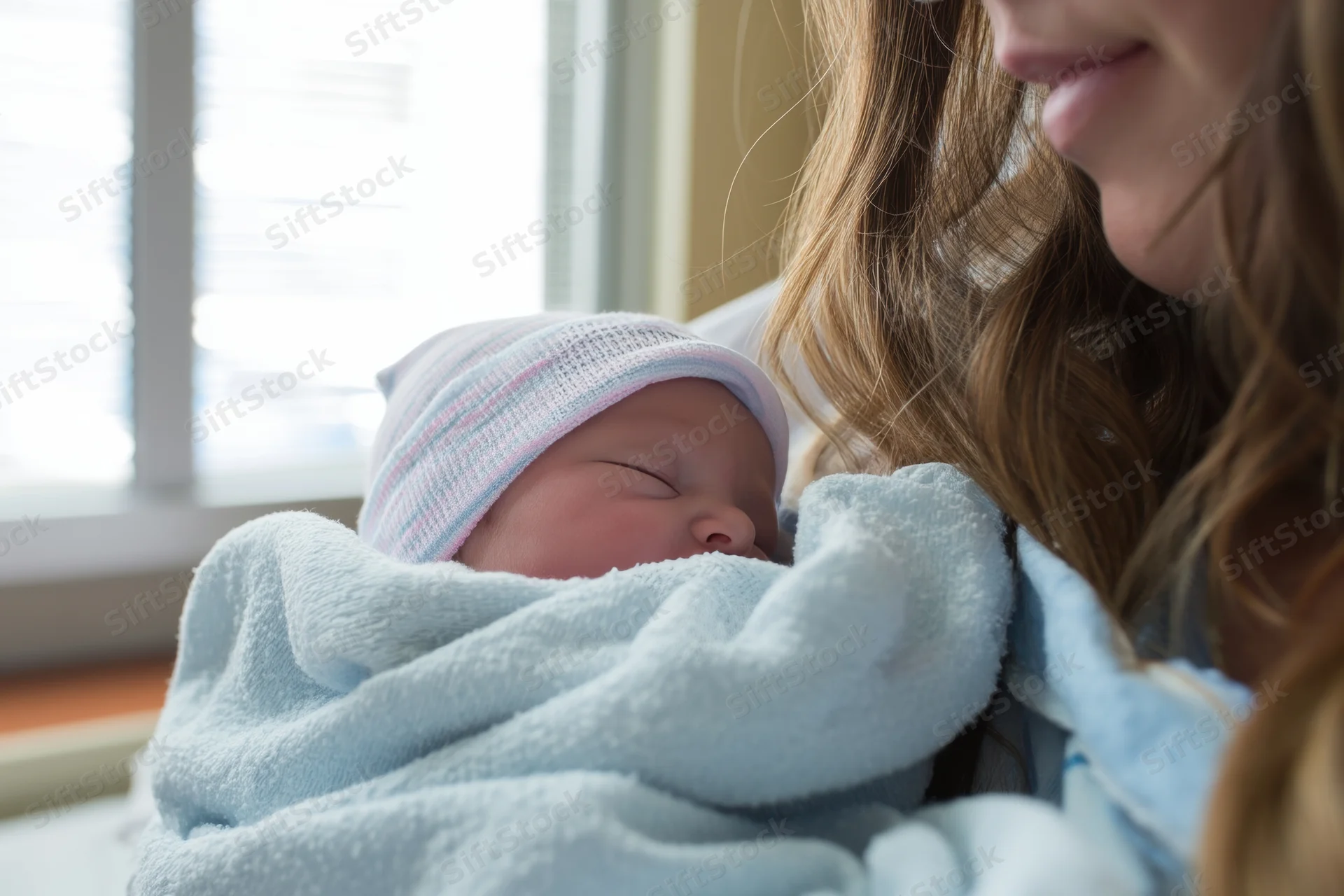 Newborn baby wrapped in blue blanket and striped cap held by mother near window