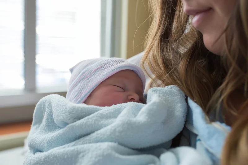 Newborn baby wrapped in blue blanket and striped cap held by mother near window
