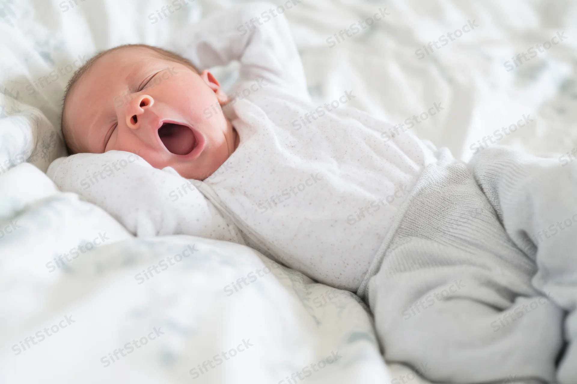 Newborn baby yawning and stretching on a soft patterned blanket