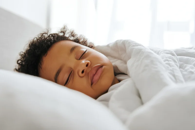 Sleeping infant with dark curly hair nestled in white bedding in a bright bedroom