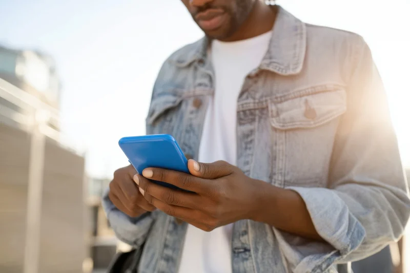 Man in light denim jacket and white tee using blue smartphone outdoors in city light
