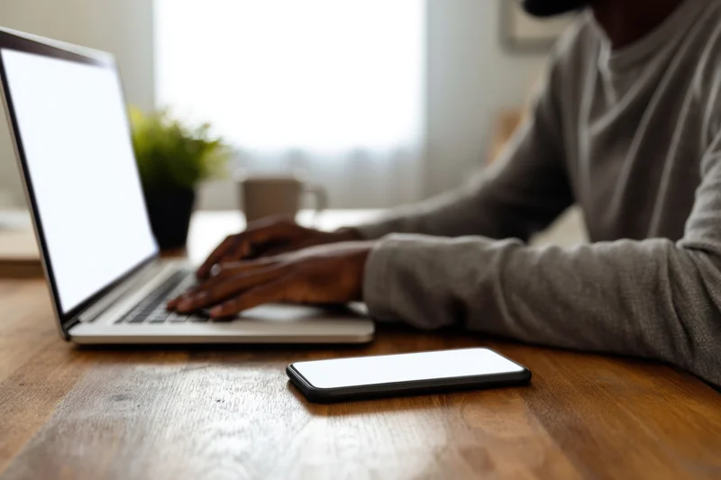 Man typing on laptop at wooden desk with smartphone nearby