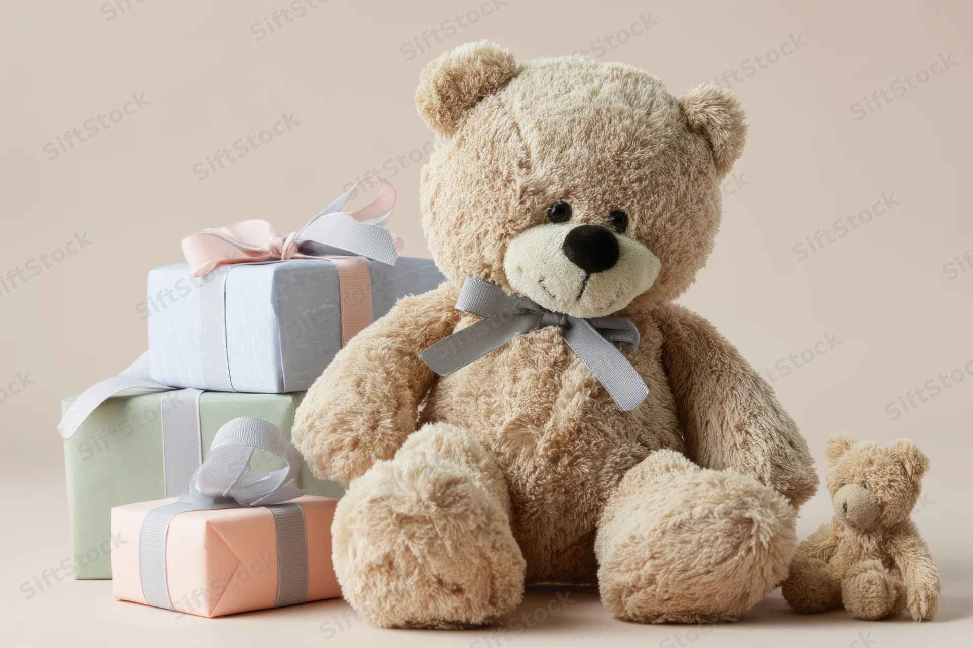 Plush beige teddy bear with grey ribbon sitting beside stacked gift boxes in pastel colors