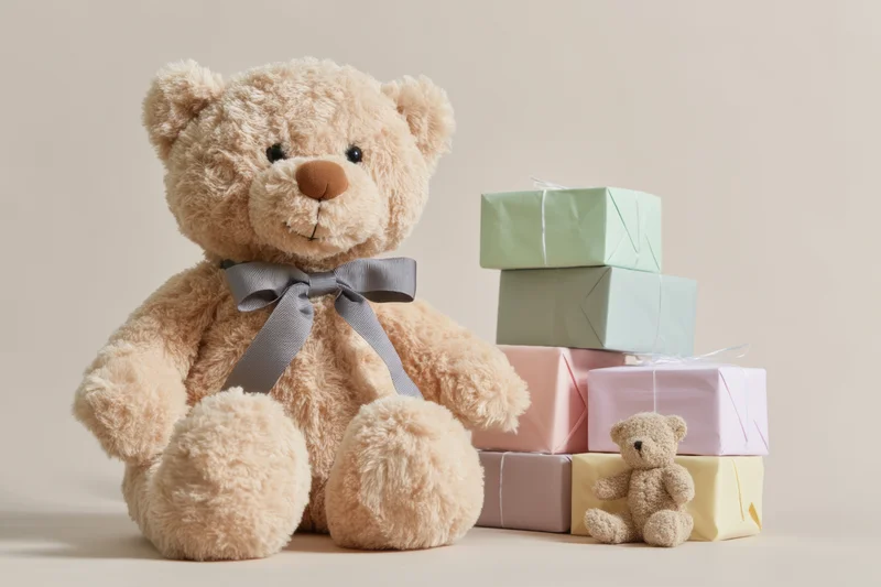 Beige plush teddy bear with grey ribbon sitting beside stack of pastel gift boxes on plain surface