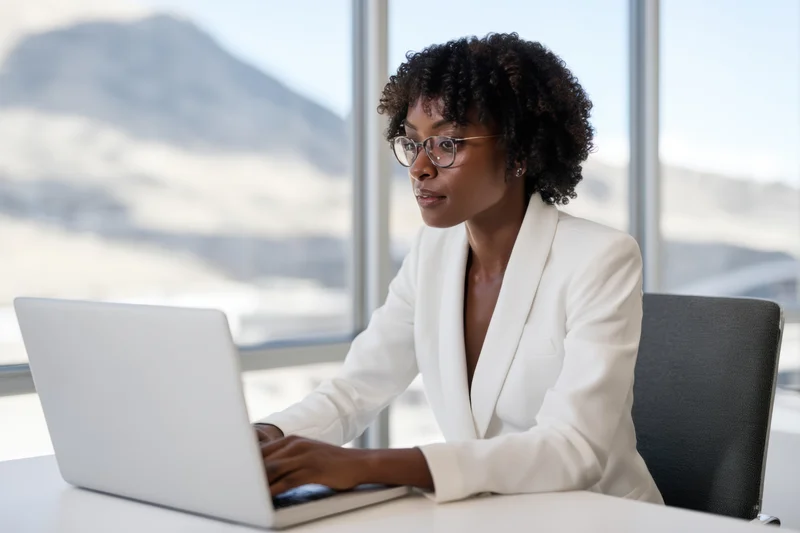 Black woman in white blazer typing on laptop at office desk near window with mountain view