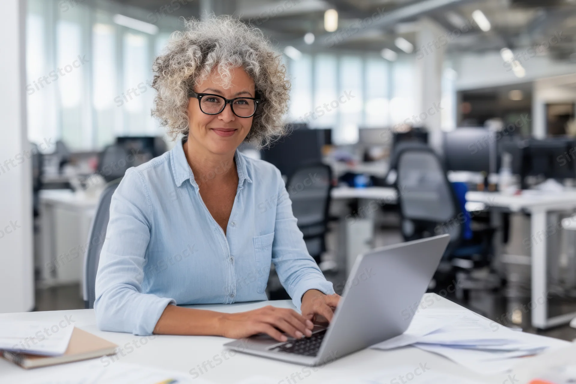 Woman with curly gray hair and glasses smiling while working on laptop at office desk