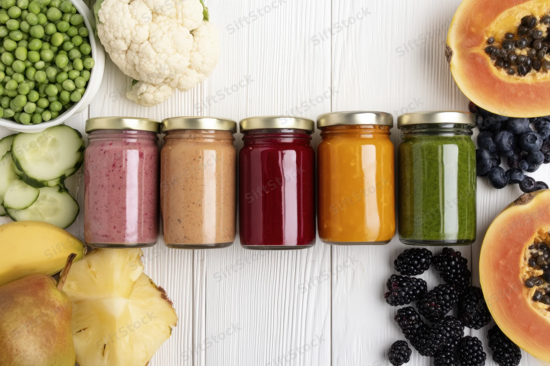 Row of glass jars filled with colorful fruit and vegetable smoothies arranged on a white wooden table surrounded by fresh produce