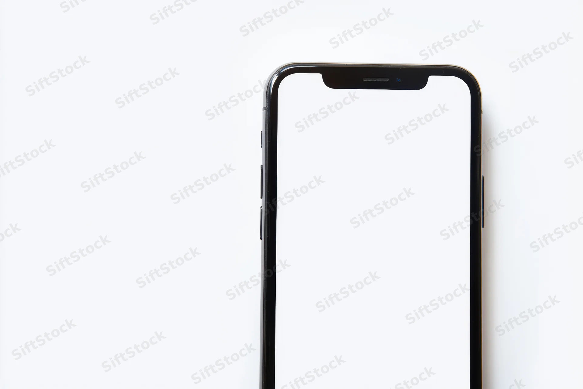 Black smartphone with rounded edges and notch displaying blank white screen against white background