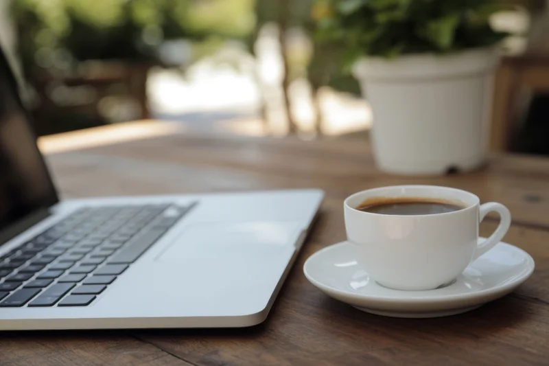 Silver laptop and white coffee cup on wooden table outdoors with potted plant in background