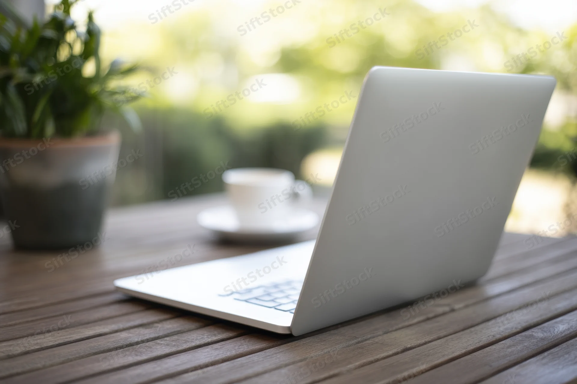 Silver laptop open on wooden table outdoors with plant and coffee cup nearby