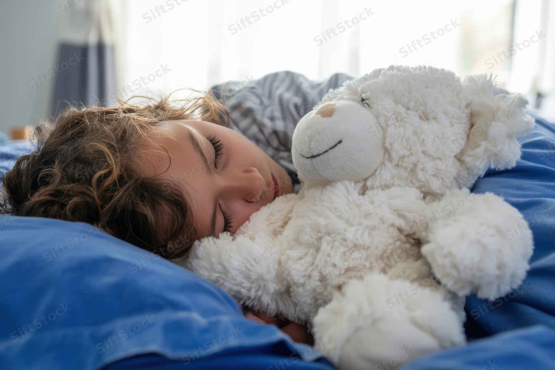 Sleeping child cuddling a fluffy white teddy bear on a blue blanket in bed