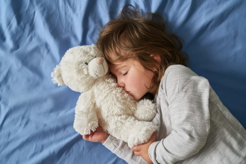 Sleeping child cuddling a white teddy bear on blue bedding