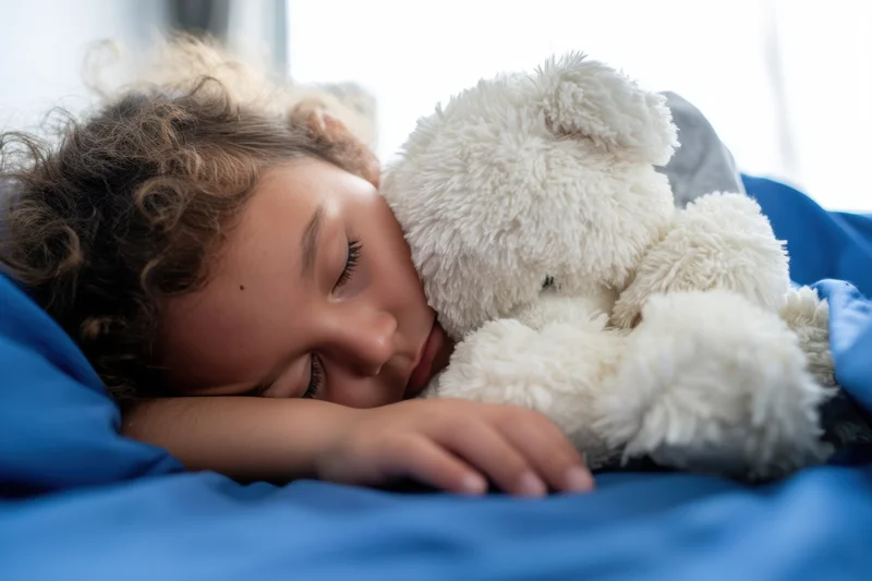 Sleeping child cuddling a fluffy white teddy bear under a blue blanket