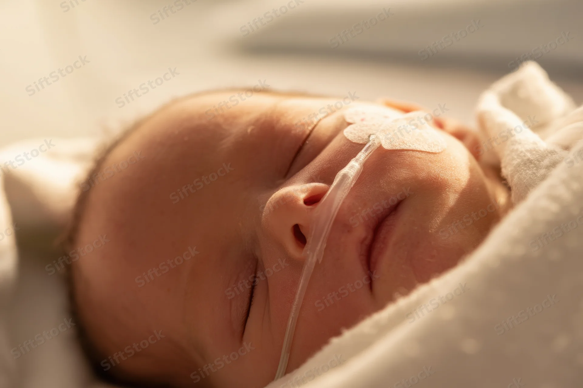 Sleeping newborn with nasal oxygen tube on face wrapped in white blanket