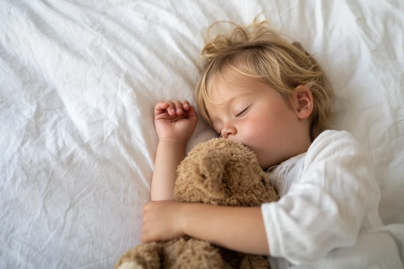 Sleeping toddler hugging a teddy bear on a white bed