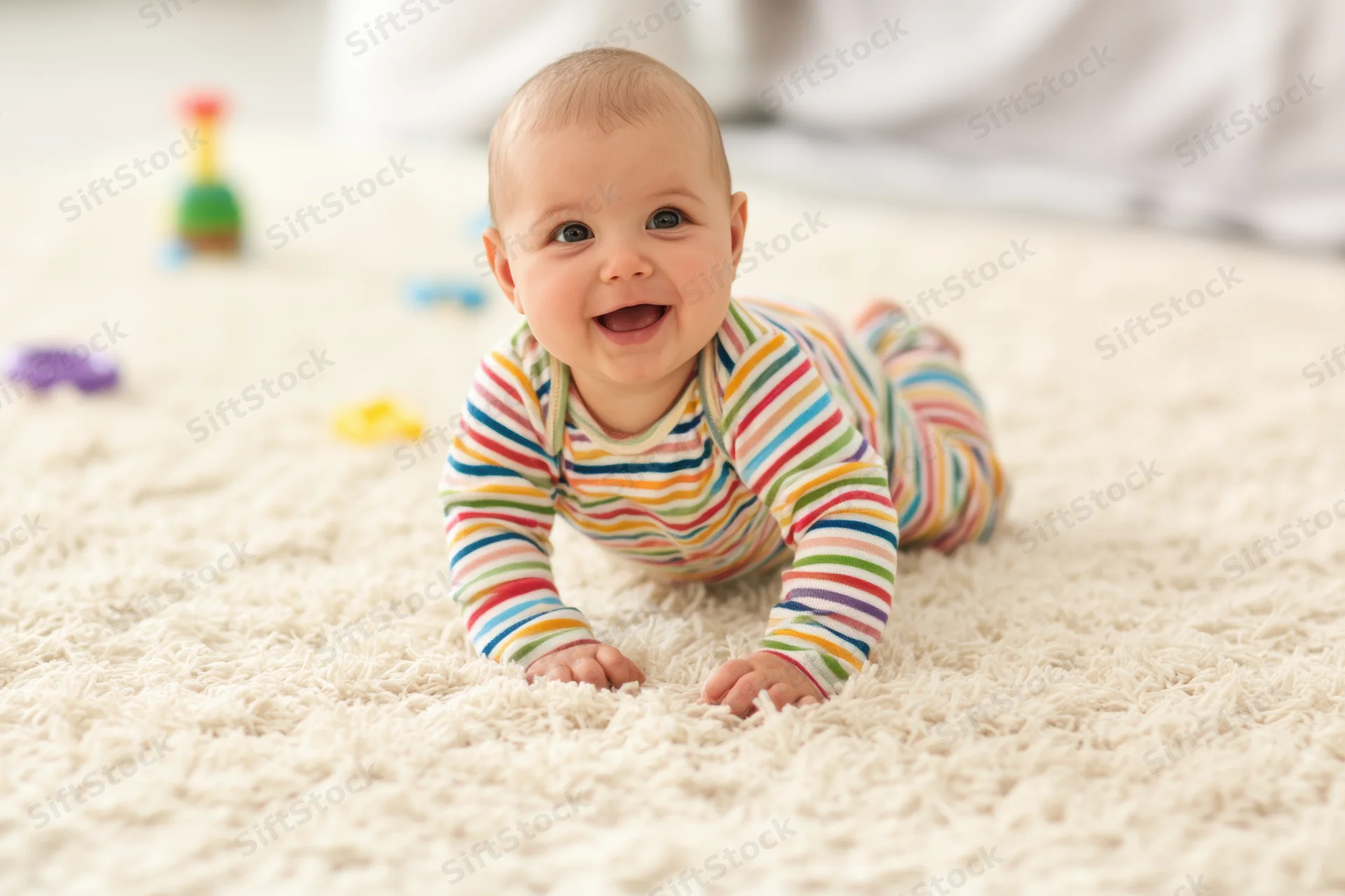 Smiling baby in striped onesie crawling on soft cream carpet