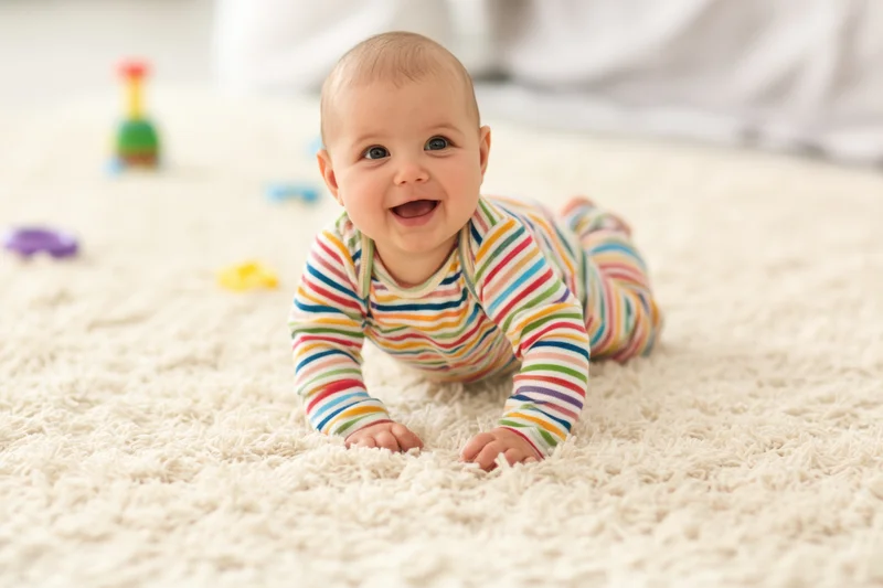 Smiling baby in striped onesie crawling on soft cream carpet