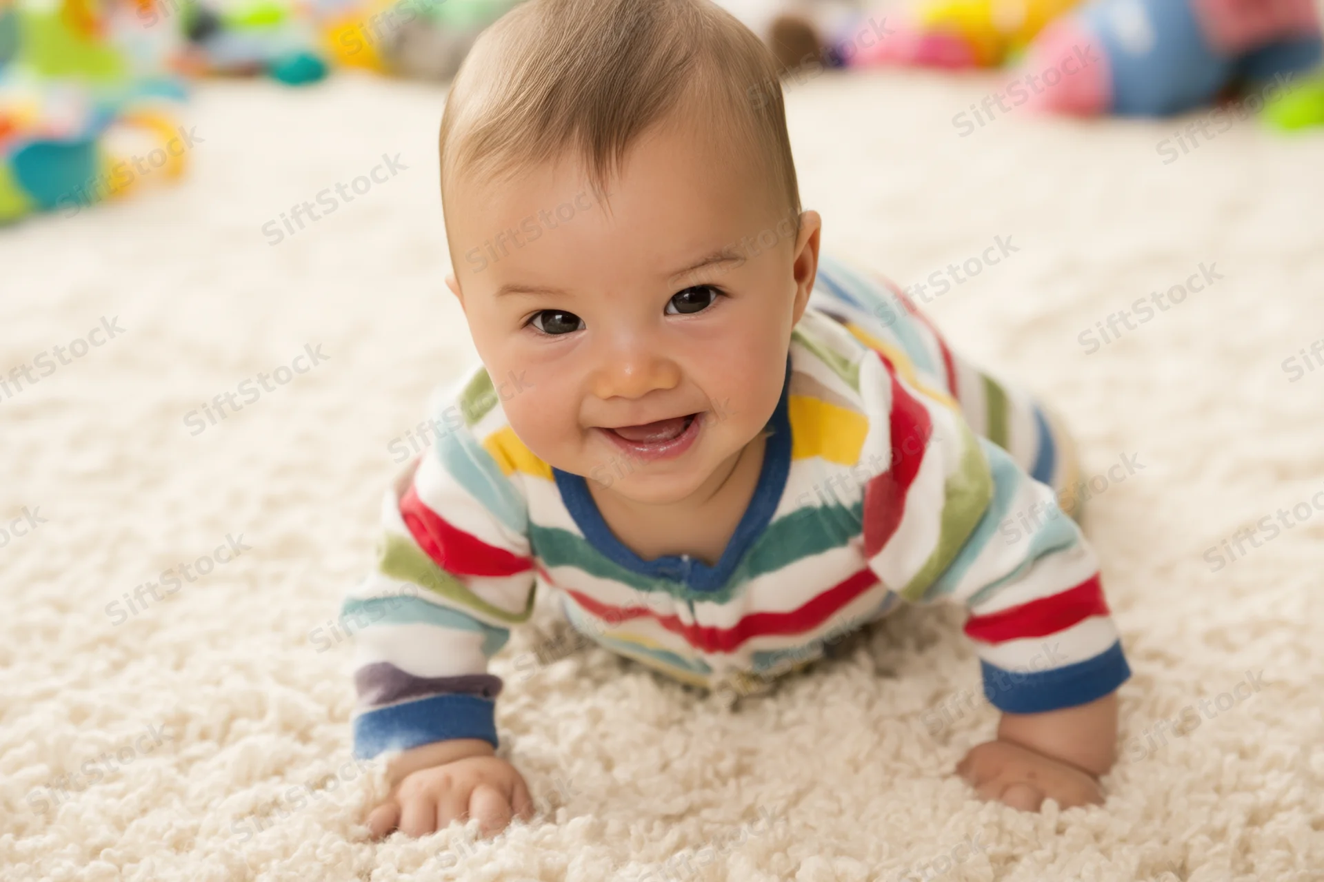Smiling baby crawling on soft cream carpet in striped onesie